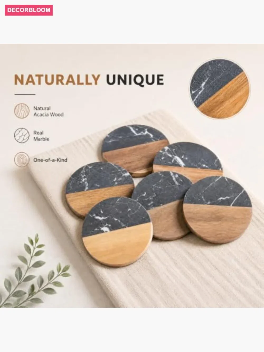 6 Pc Round Wood Coasters Set for Drinks, Coffee, Tea, Wine - Handcrafted